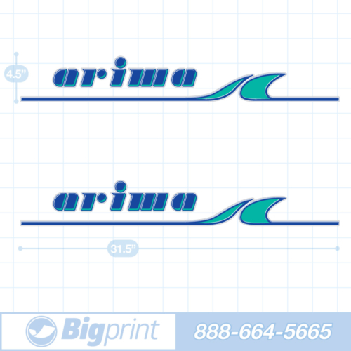one set of two arima boat decals in original factory aqua blue colors