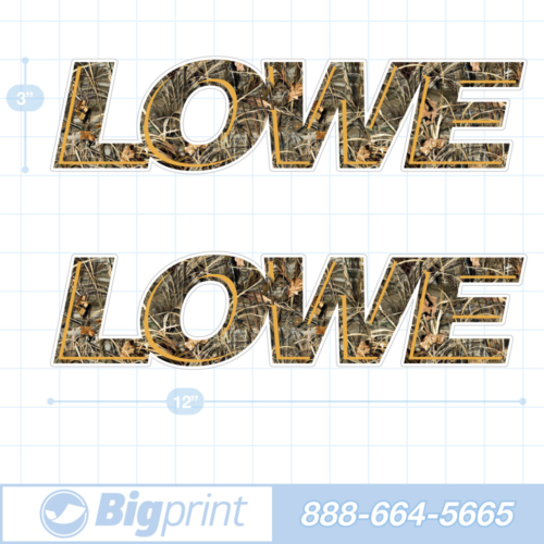 one set of two Lowe boat decals in custom camouflage and orange colors