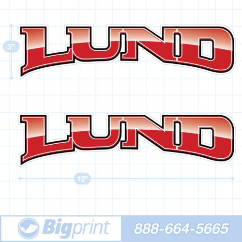 one set of two lund boat decals in custom fire engine red colors