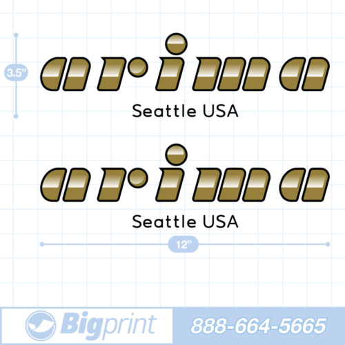 Custom Arima boat decals with 1980's style lettering and unique gold bar color