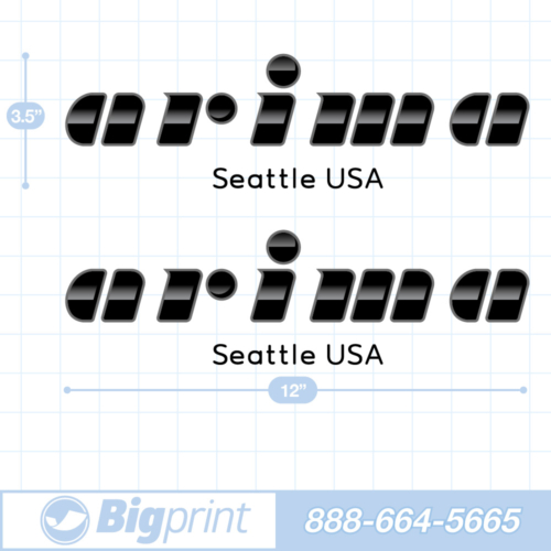 Custom Arima boat decals with 1980's style lettering and unique orca black color