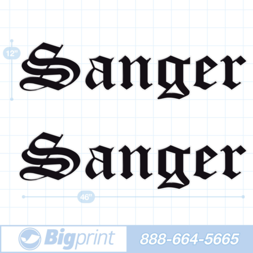 one set of two Sanger boat decals in original factory black colors