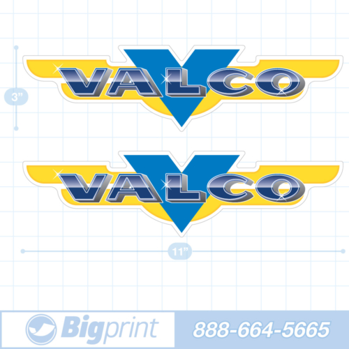 one set of two valco boat decals in factory blue and yellow colors