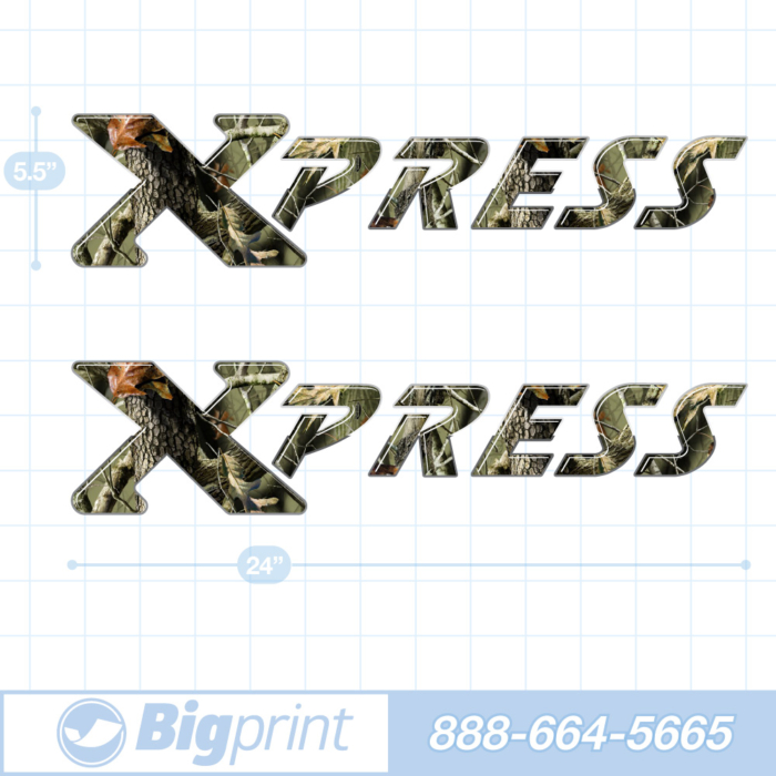 one set of two Xpress boat decals in custom real tree camouflage colors